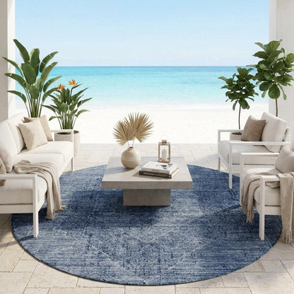 8' Denim Blue And Blue Round Oriental Washable Indoor Outdoor Area Rug HomeRoots