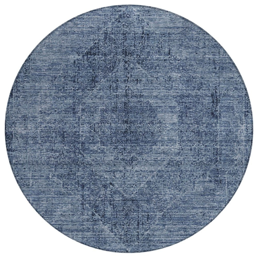 8' Denim Blue And Blue Round Oriental Washable Indoor Outdoor Area Rug — view 1