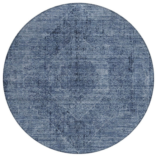 8' Denim Blue And Blue Round Oriental Washable Indoor Outdoor Area Rug