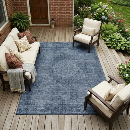 9' X 12' Denim Blue And Blue Oriental Washable Indoor Outdoor Area Rug HomeRoots