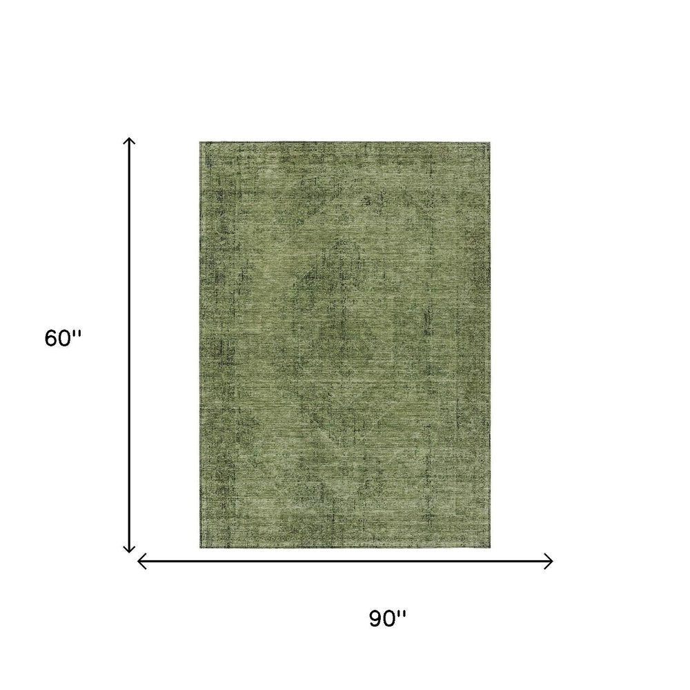 5' X 8' Olive Green And Green Oriental Washable Indoor Outdoor Area Rug HomeRoots