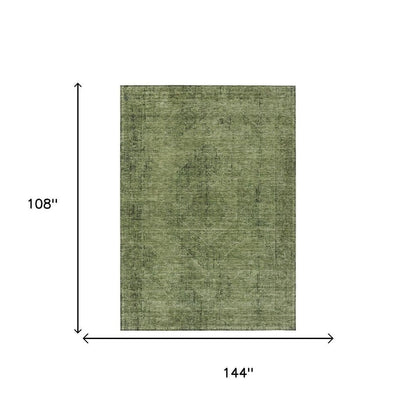 9' X 12' Olive Green And Green Oriental Washable Indoor Outdoor Area Rug