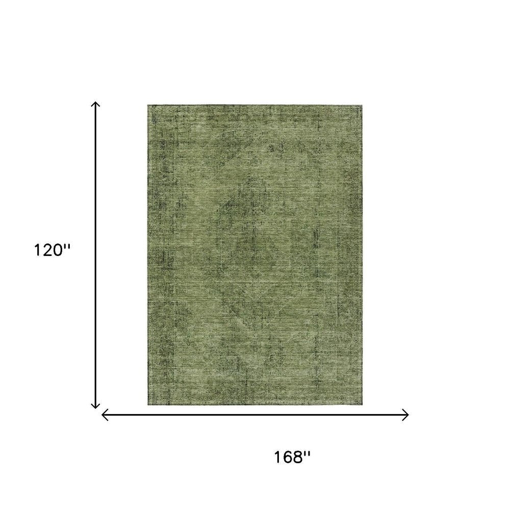 10' X 14' Olive Green And Green Oriental Washable Indoor Outdoor Area Rug — view 5