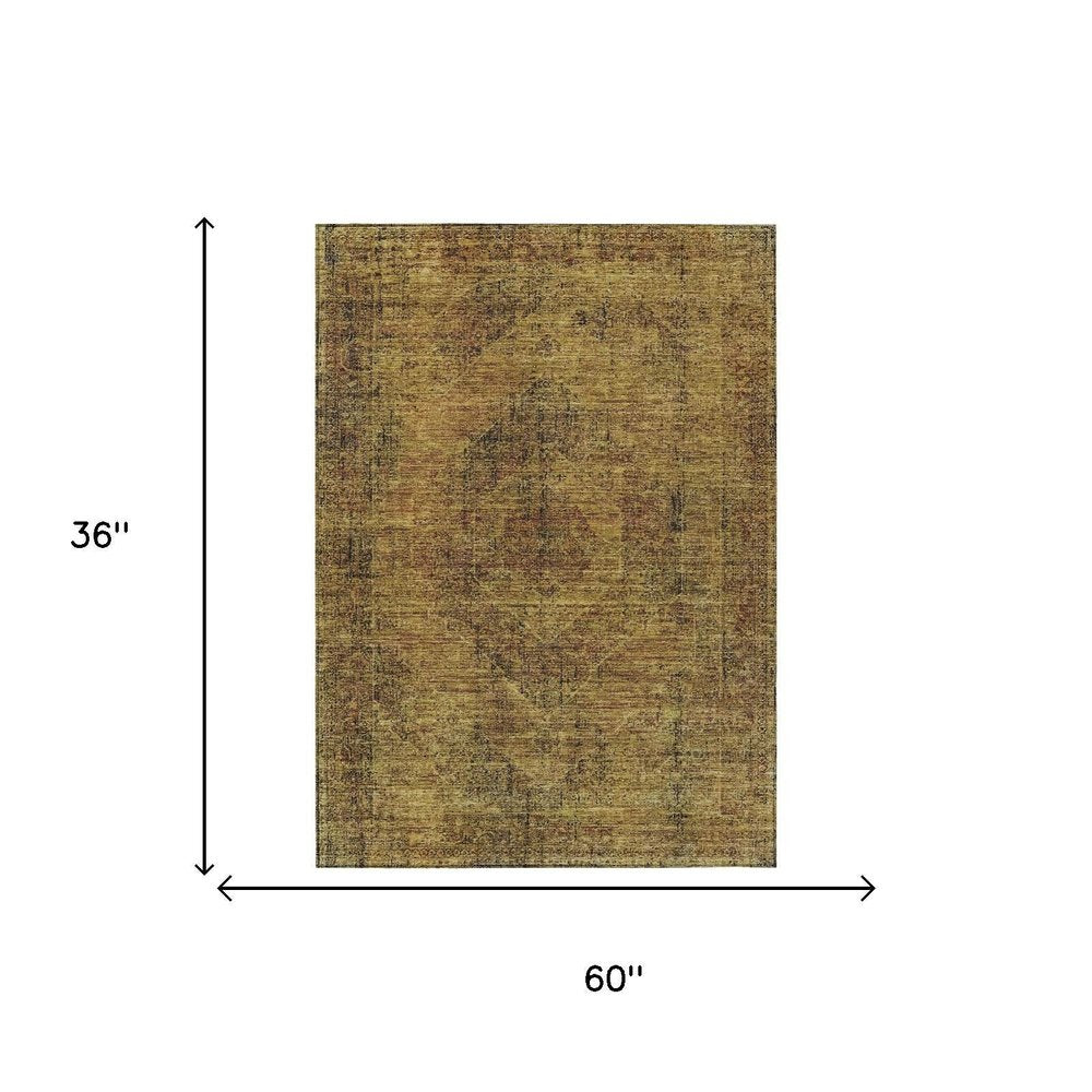 3' X 5' Rust And Orange Oriental Washable Indoor Outdoor Area Rug