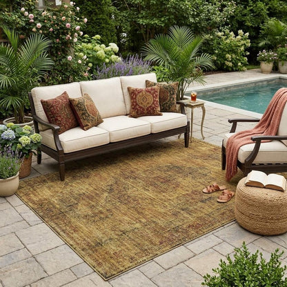 5' X 8' Rust And Orange Oriental Washable Indoor Outdoor Area Rug