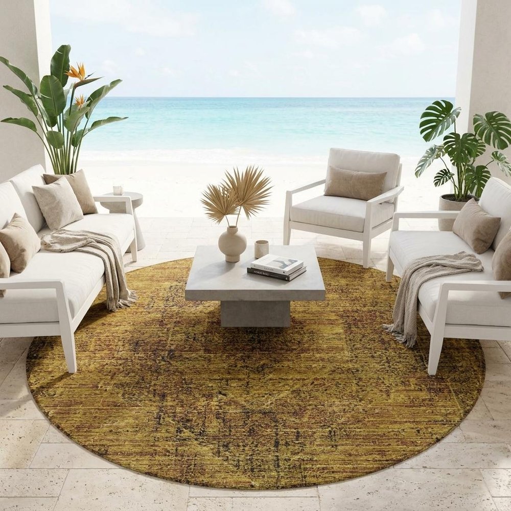 8' Rust And Orange Round Oriental Washable Indoor Outdoor Area Rug — view 7