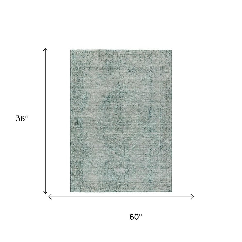 3' X 5' Blue And Ivory Oriental Washable Indoor Outdoor Area Rug — view 4