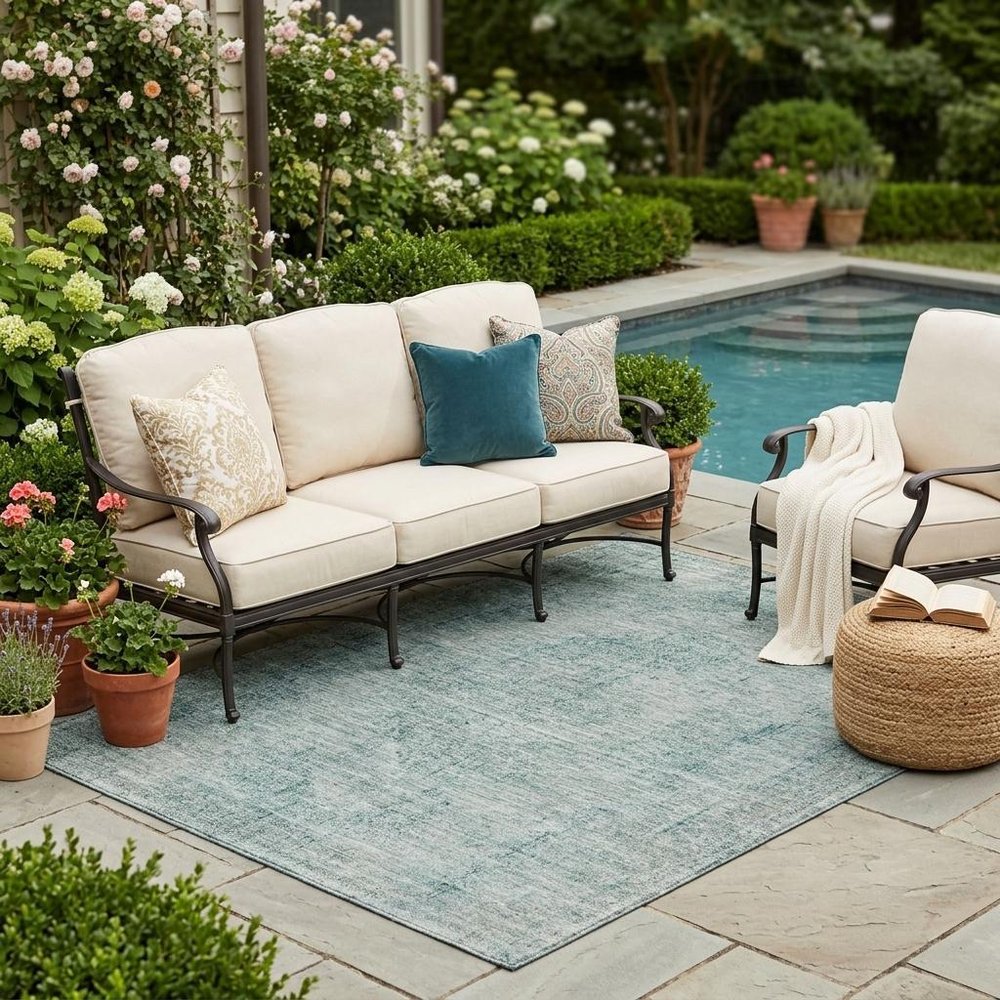 5' X 8' Blue And Ivory Oriental Washable Indoor Outdoor Area Rug — view 5