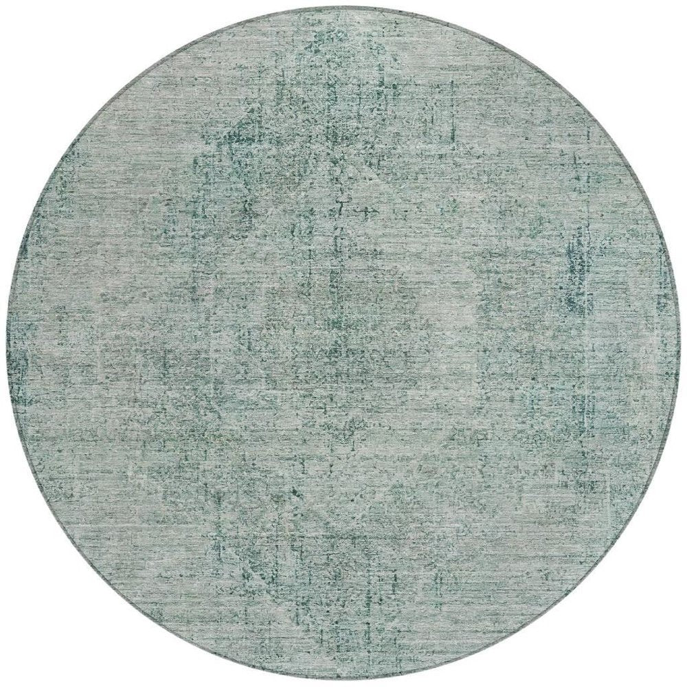 8' Blue And Ivory Round Oriental Washable Indoor Outdoor Area Rug