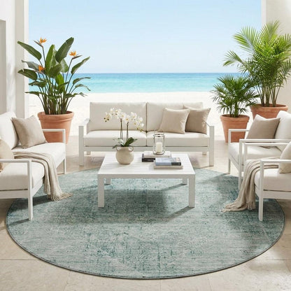 8' Blue And Ivory Round Oriental Washable Indoor Outdoor Area Rug HomeRoots