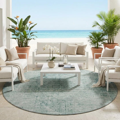 8' Blue And Ivory Round Oriental Washable Indoor Outdoor Area Rug