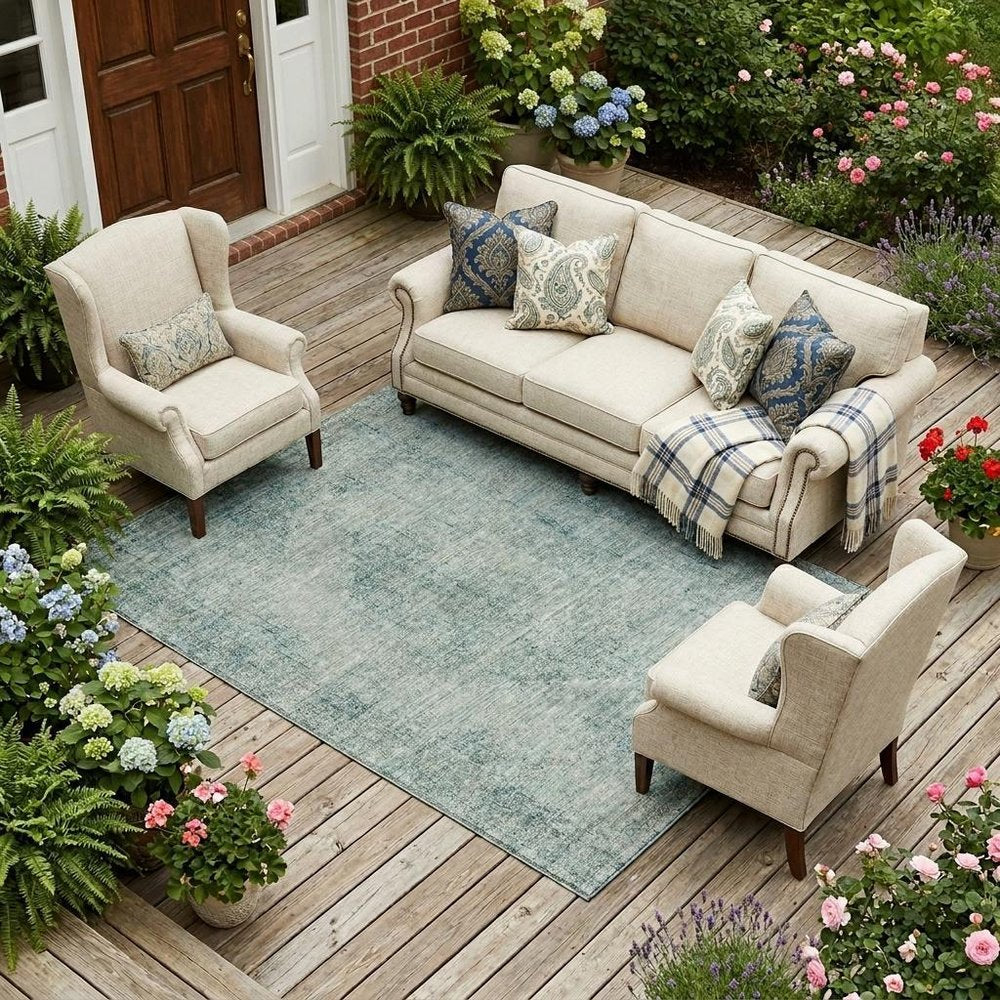 8' X 10' Blue And Ivory Oriental Washable Indoor Outdoor Area Rug