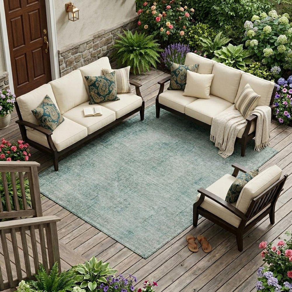 10' X 14' Blue And Ivory Oriental Washable Indoor Outdoor Area Rug — view 5