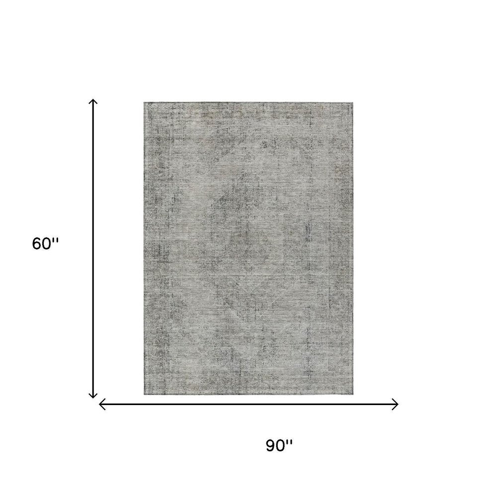 5' X 8' Silver And Gray Oriental Washable Indoor Outdoor Area Rug