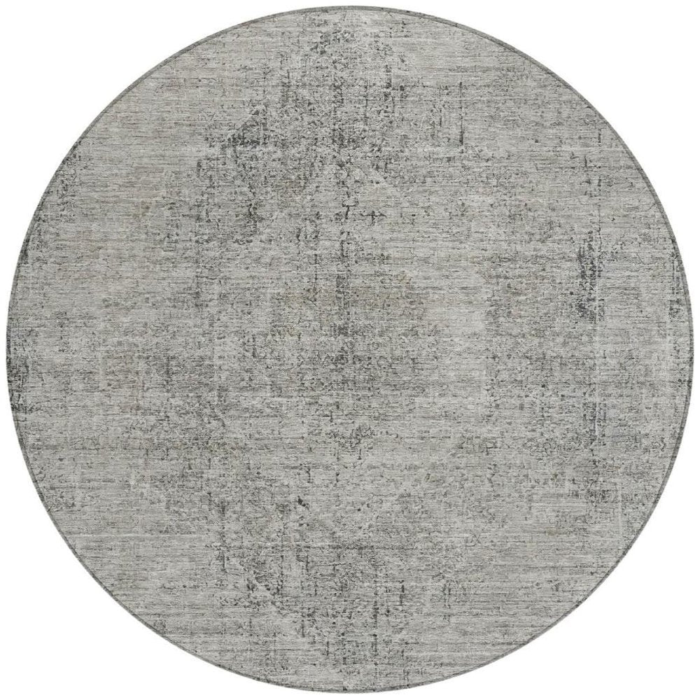 8' Silver And Gray Round Oriental Washable Indoor Outdoor Area Rug HomeRoots
