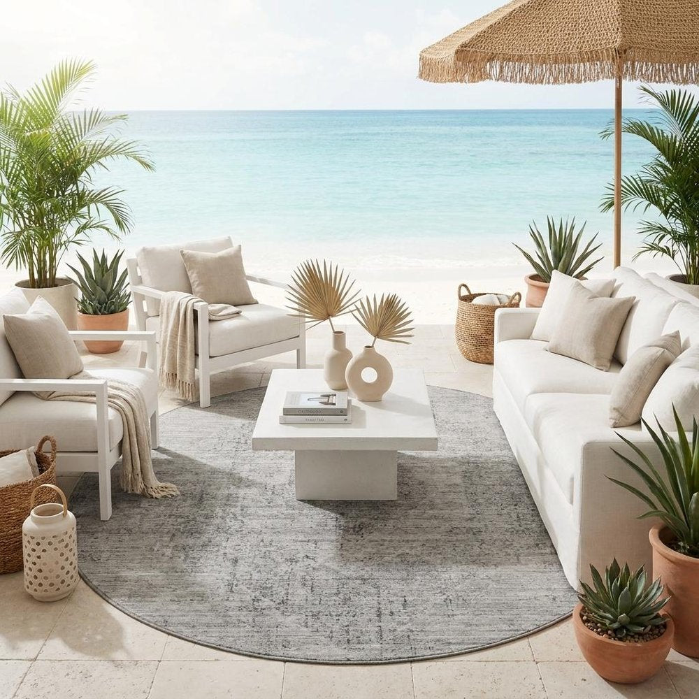 8' Silver And Gray Round Oriental Washable Indoor Outdoor Area Rug — view 7