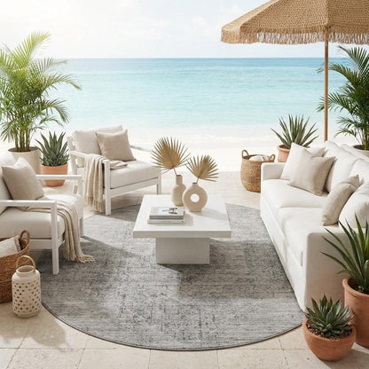 8' Silver And Gray Round Oriental Washable Indoor Outdoor Area Rug HomeRoots
