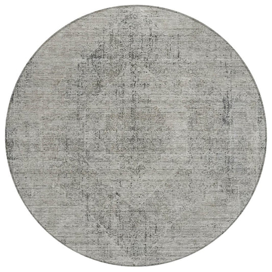8' Silver And Gray Round Oriental Washable Indoor Outdoor Area Rug
