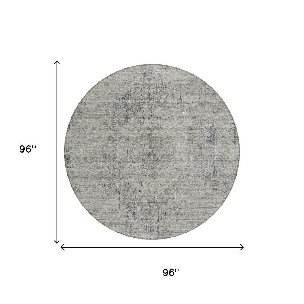 8' Silver And Gray Round Oriental Washable Indoor Outdoor Area Rug HomeRoots