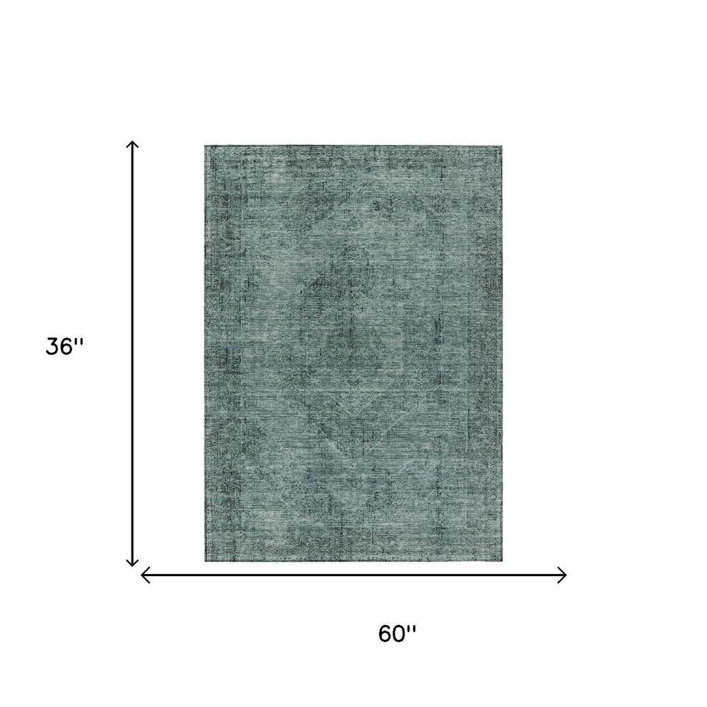 3' X 5' Teal Blue And Gray Oriental Washable Indoor Outdoor Area Rug HomeRoots