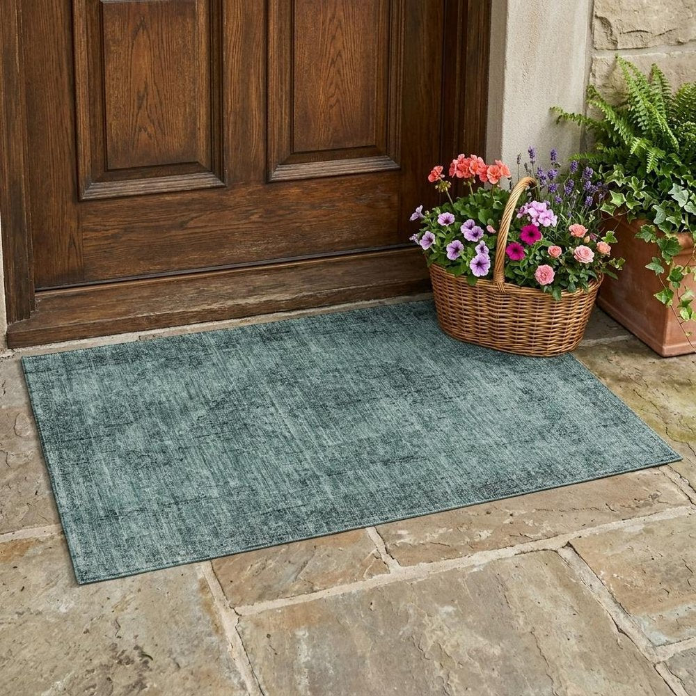 3' X 5' Teal Blue And Gray Oriental Washable Indoor Outdoor Area Rug — view 5