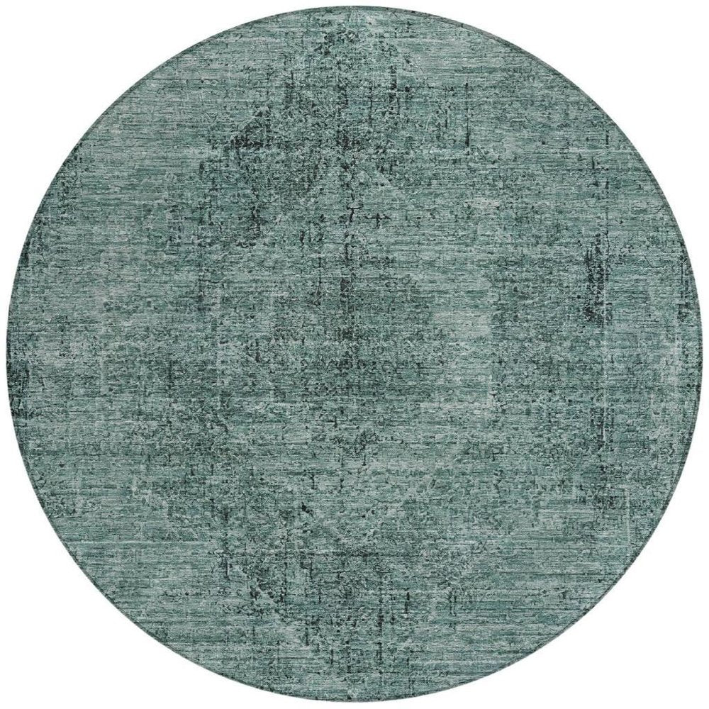 8' Teal Blue And Gray Round Oriental Washable Indoor Outdoor Area Rug — view 6