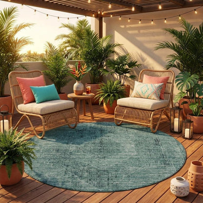 8' Teal Blue And Gray Round Oriental Washable Indoor Outdoor Area Rug