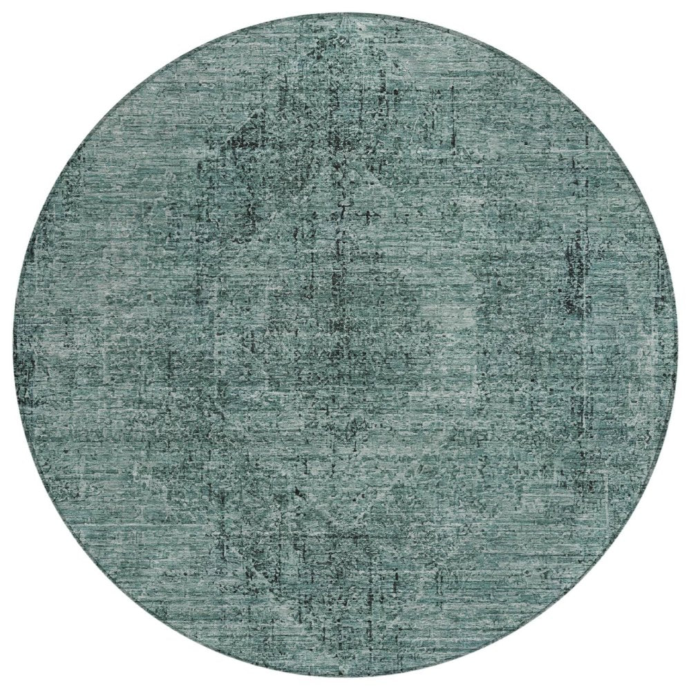 8' Teal Blue And Gray Round Oriental Washable Indoor Outdoor Area Rug — view 1