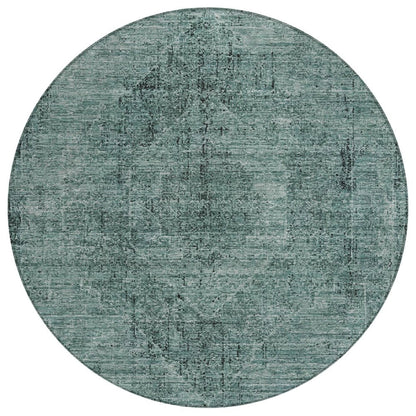8' Teal Blue And Gray Round Oriental Washable Indoor Outdoor Area Rug HomeRoots