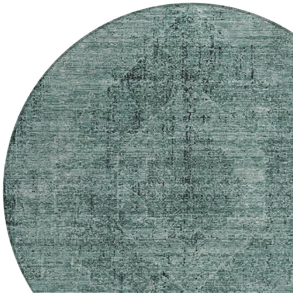 8' Teal Blue And Gray Round Oriental Washable Indoor Outdoor Area Rug