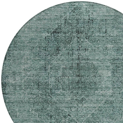 8' Teal Blue And Gray Round Oriental Washable Indoor Outdoor Area Rug