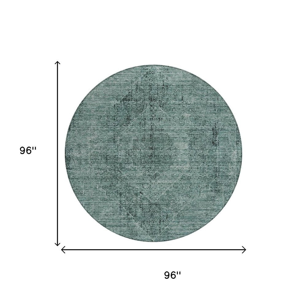 8' Teal Blue And Gray Round Oriental Washable Indoor Outdoor Area Rug — view 4