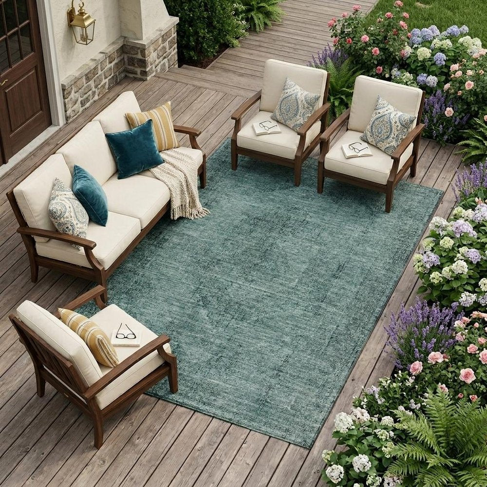 9' X 12' Teal Blue And Gray Oriental Washable Indoor Outdoor Area Rug HomeRoots