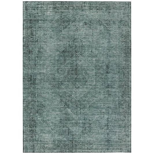 9' X 12' Teal Blue And Gray Oriental Washable Indoor Outdoor Area Rug
