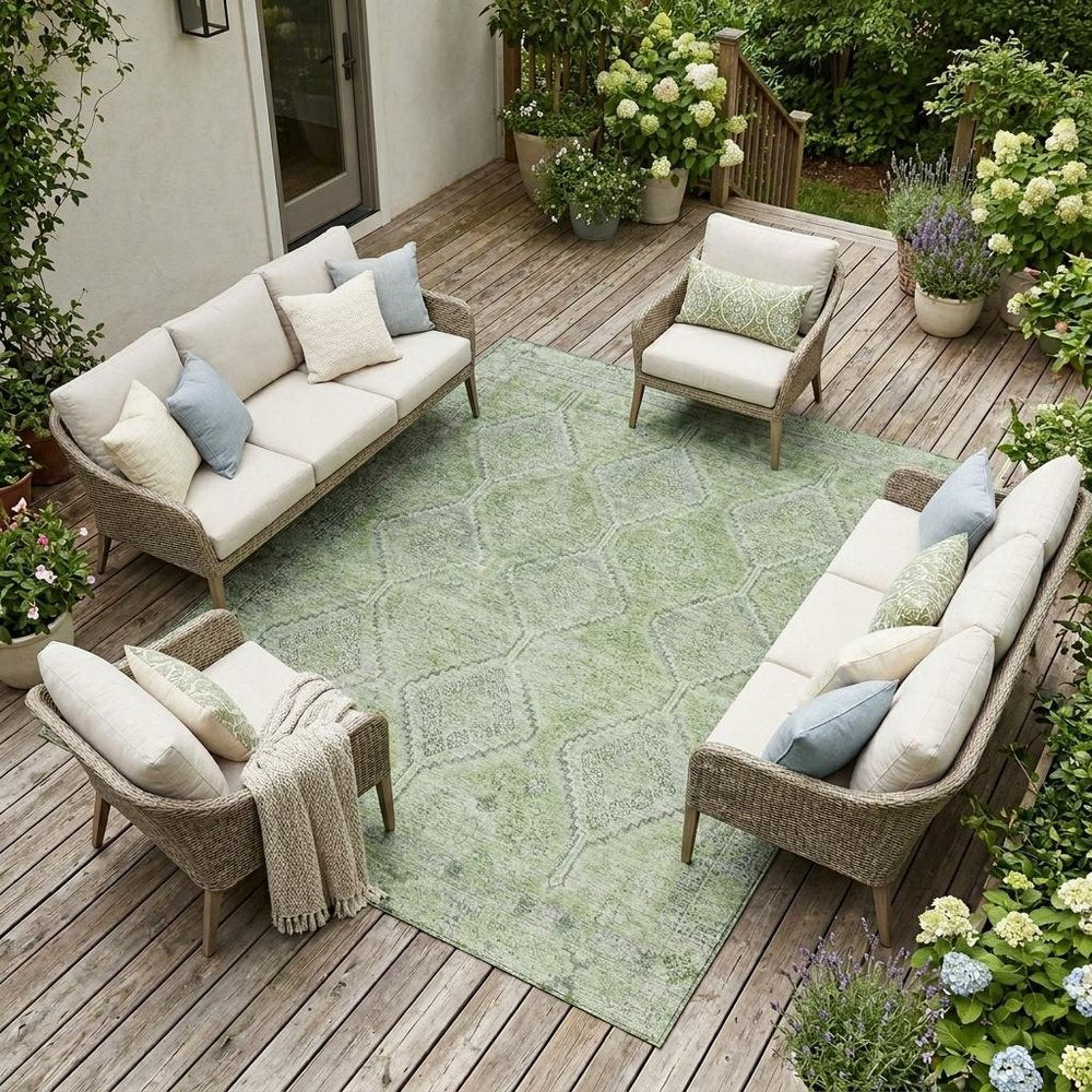 10' X 14' Green And Sage Geometric Washable Indoor Outdoor Area Rug — view 5