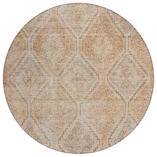 8' Copper And Orange Round Geometric Washable Indoor Outdoor Area Rug