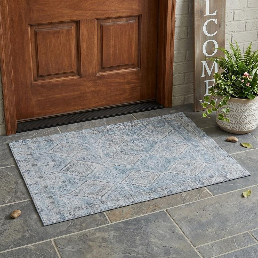3' X 5' Sky Blue And Blue Geometric Washable Indoor Outdoor Area Rug HomeRoots