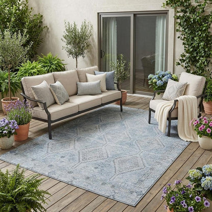 5' X 8' Sky Blue And Blue Geometric Washable Indoor Outdoor Area Rug HomeRoots