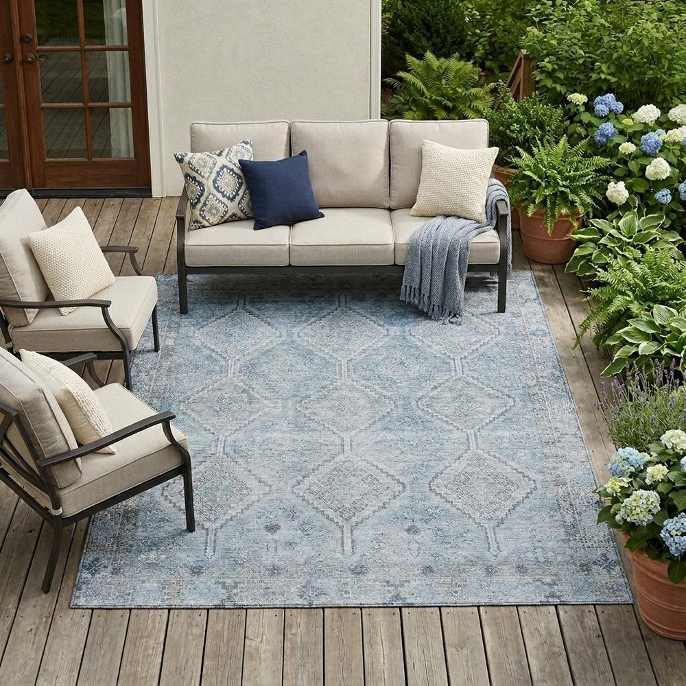 8' X 10' Sky Blue And Blue Geometric Washable Indoor Outdoor Area Rug HomeRoots