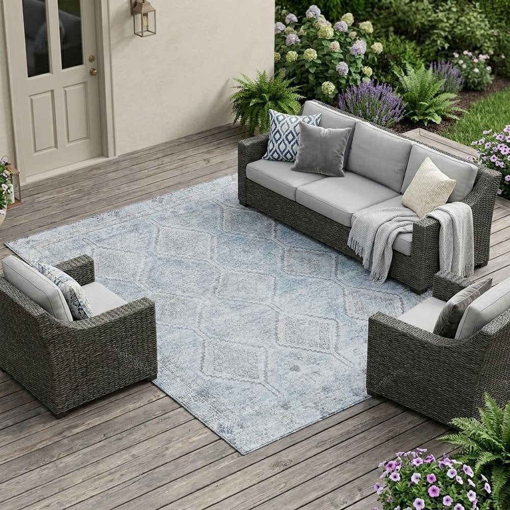 10' X 14' Sky Blue And Blue Geometric Washable Indoor Outdoor Area Rug — view 12