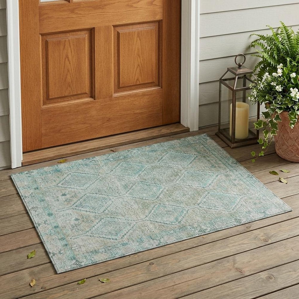 3' X 5' Turquoise And Teal Blue Geometric Washable Indoor Outdoor Area Rug HomeRoots