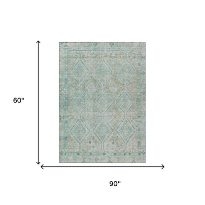 5' X 8' Turquoise And Teal Blue Geometric Washable Indoor Outdoor Area Rug
