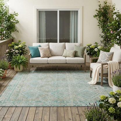 5' X 8' Turquoise And Teal Blue Geometric Washable Indoor Outdoor Area Rug HomeRoots