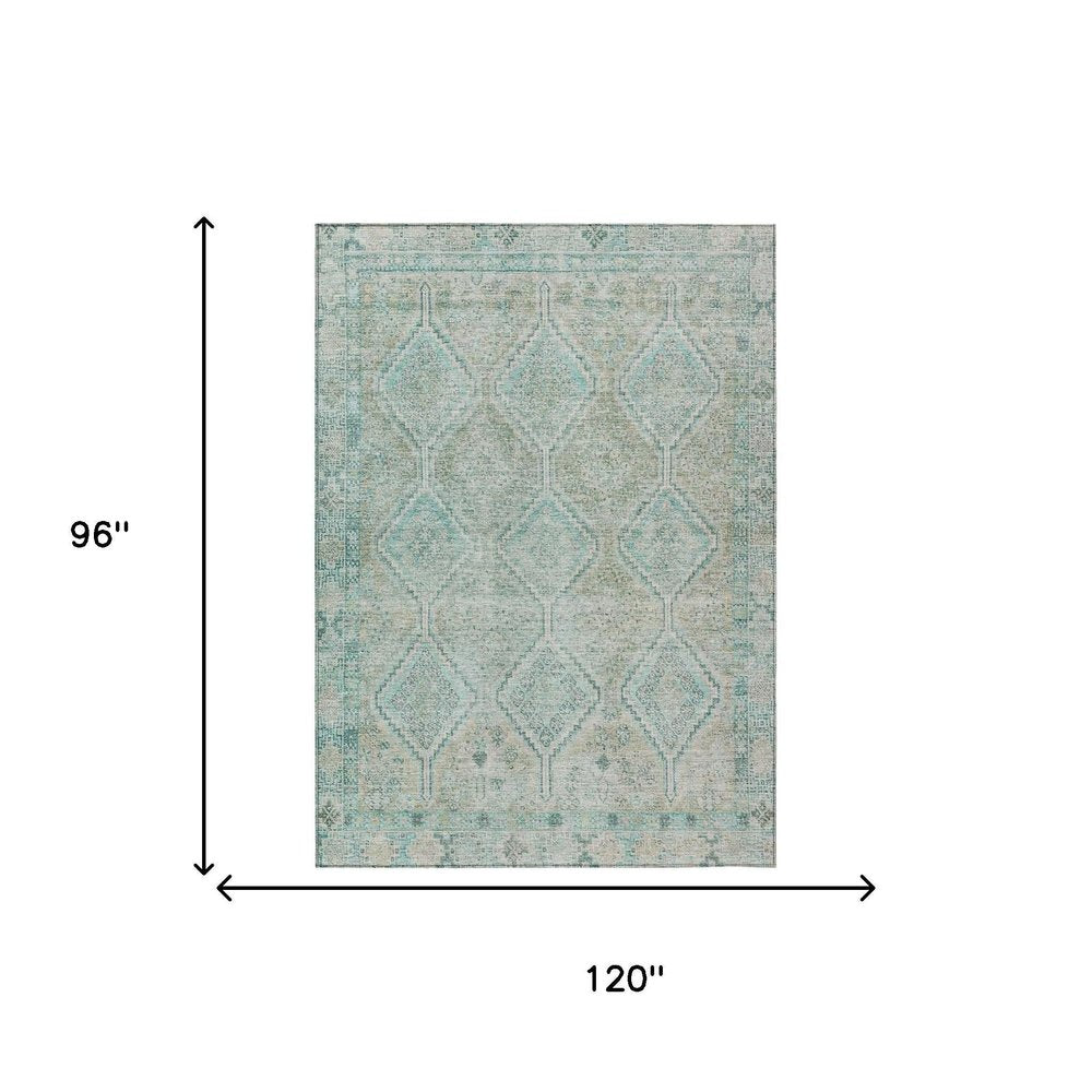 8' X 10' Turquoise And Teal Blue Geometric Washable Indoor Outdoor Area Rug — view 4
