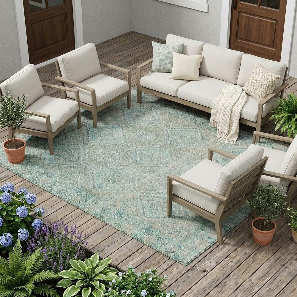 8' X 10' Turquoise And Teal Blue Geometric Washable Indoor Outdoor Area Rug — view 5