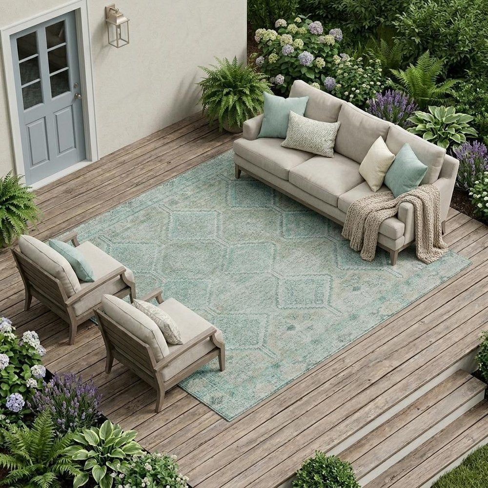 9' X 12' Turquoise And Teal Blue Geometric Washable Indoor Outdoor Area Rug HomeRoots