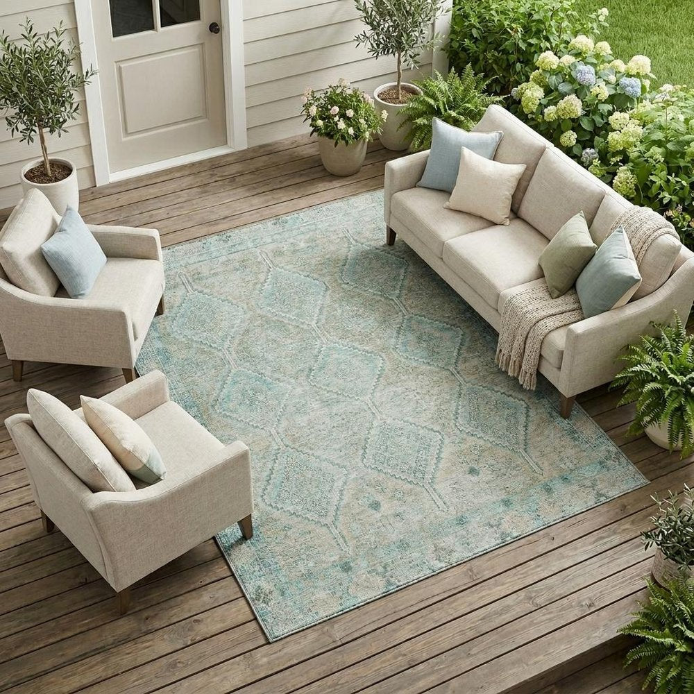 10' X 14' Turquoise And Teal Blue Geometric Washable Indoor Outdoor Area Rug — view 5