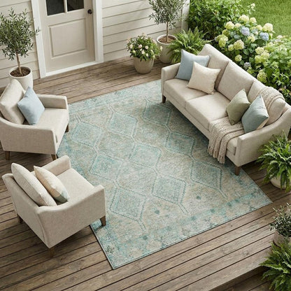 10' X 14' Turquoise And Teal Blue Geometric Washable Indoor Outdoor Area Rug HomeRoots