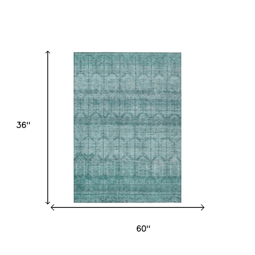 3' X 5' Aqua And Teal Blue Tribal Washable Indoor Outdoor Area Rug HomeRoots