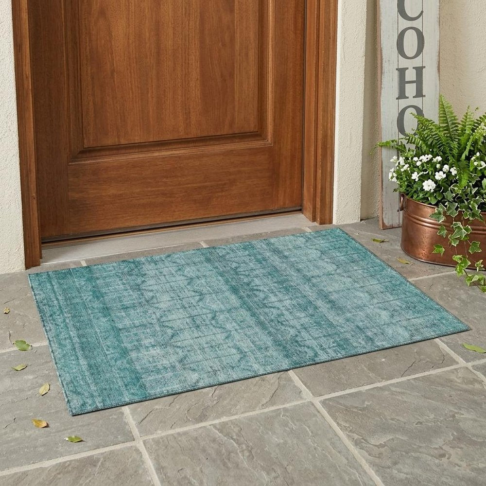 3' X 5' Aqua And Teal Blue Tribal Washable Indoor Outdoor Area Rug — view 5